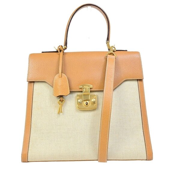 GUCCI Logo Bicolor 2Way Shoulder Hand Bag Canvas Leather Brown Italy 87EB950 - Picture 1 of 16